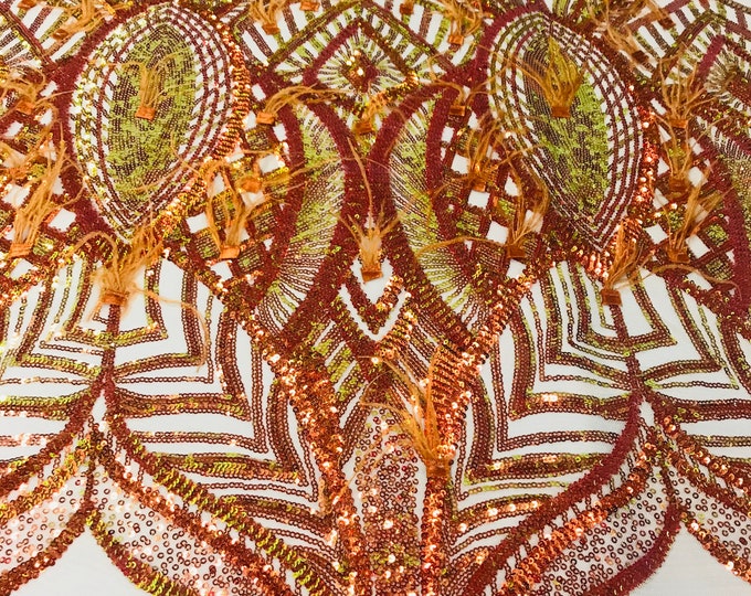 Luxury Feather Sequins - Iridescent orange - 4 Way Stretch Glamorous Fringe Feather Sequins Fabric Spandex Mesh-Prom-Gown By The Yard