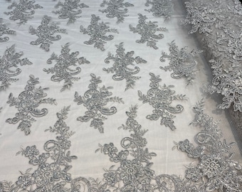 Silver Lace Fabric: Corded Flower Embroidery with Sequins