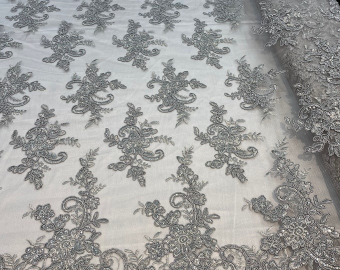 Silver Lace Fabric, Corded Flower Embroidery With Sequins on a Mesh Lace Fabric By The Yard For Gown, Wedding-Bridal-Dress