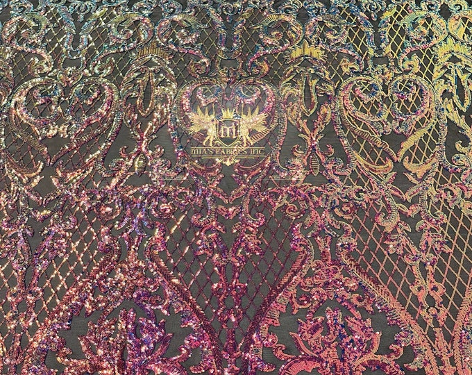 Rainbow Iridescent Sequins Fabric on Black Mesh - 4 Way Stretch Sequins Heart Pattern Damask with Fish Net Details on Mesh Sold By Yard