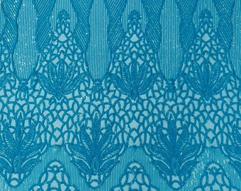 Turquoise Sequin Fabric: Floral Damask 4-Way Stretch Spandex Lace