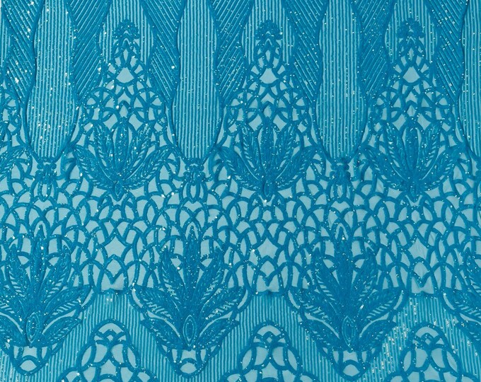 Turquoise Sequin Fabric | Floral Damask Design on a 4 Way Stretch | Sequins Lace | Spandex Fabric For Prom-Gown By The Yard