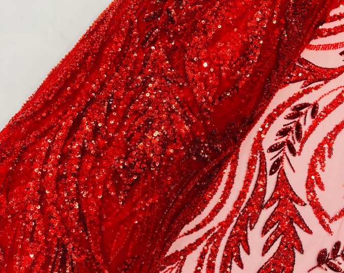 Red Beaded Fabric Wavy Lines Leaf Pattern Beaded Fabric By The Yard Embroidered Line Beads and Sequins, Wedding Bridal Fabric, Beaded Lace
