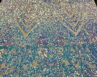 Aqua Iridescent Sequin Damask Design on a 4 Way Stretch Sequin Fabric on Nude  Spandex Mesh-Prom-Gown By The Yard