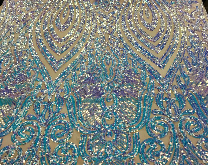 Aqua Iridescent Sequin Damask Design on a 4 Way Stretch Sequin Fabric on Nude  Spandex Mesh-Prom-Gown By The Yard