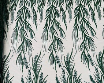 Hunter Green Beaded Leaf Fabric: Embroidered Bridal Mesh, Sold By The Yard