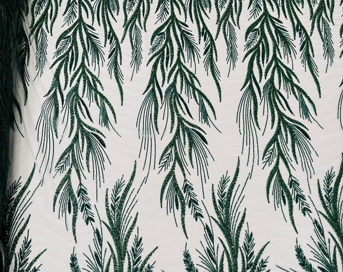 Hunter Green Leaf Pattern Lines Beaded Fabric - Embroidered Line Beaded Wedding Bridal Fabric Sold By The Yard