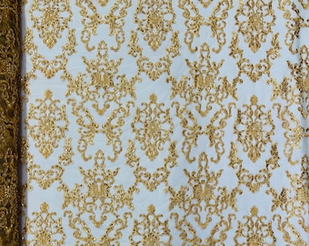 Gold Beaded Damask Fabric – Embroidered Bridal Mesh, Sold By The Yard