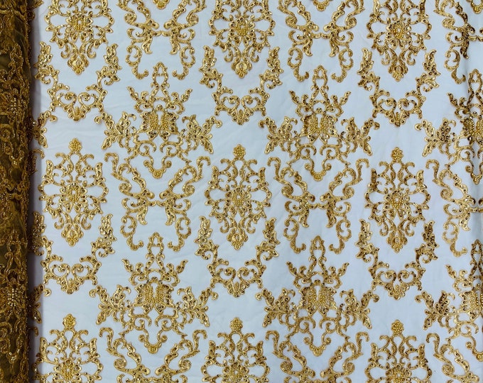Gold Floral Damask Beaded Fabric - Embroidered Beaded Wedding Bridal Fabric Sold By The Yard