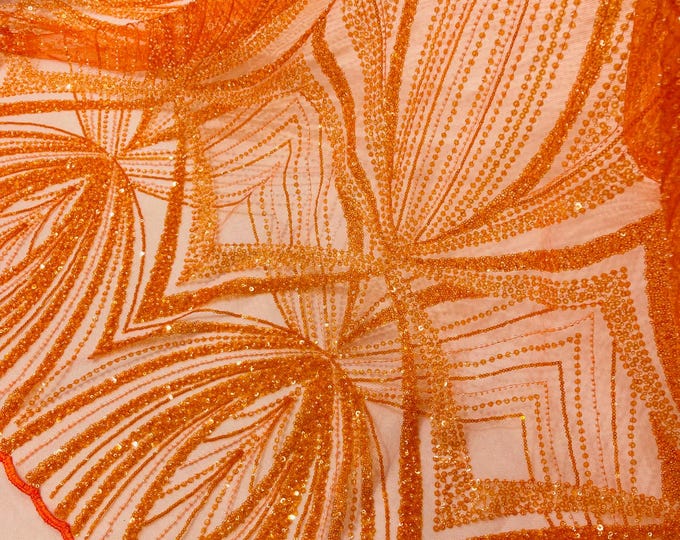 Orange Beaded Lace Fabric: Embroidered Mesh, Bridal Wedding Dress - Sold By The Yard