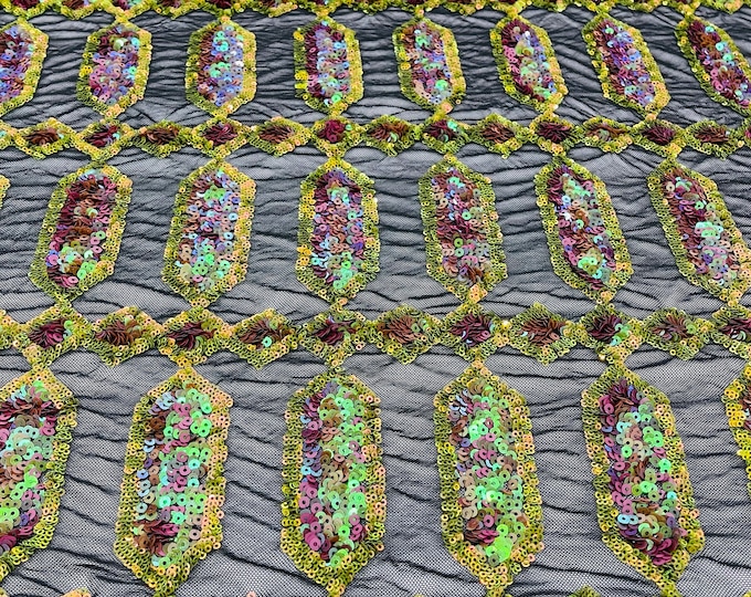 Dark Olive Iridescent Sequin Fabric by the yard on Black Mesh, Multi Color Jewel Design Embroidered With Sequins Holographic 4 Way Stretch