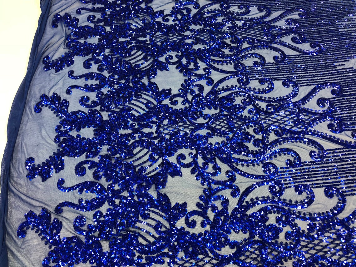 Royal Blue Sequins Lace Fabric On a Mesh Damask Design Etsy