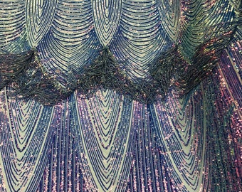 Iridescent Lavender Sequin Fringe Fabric, 4-Way Stretch Nude Mesh