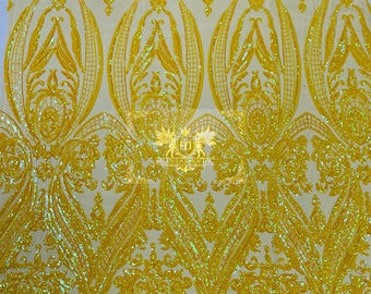Yellow Iridescent Sequins Fabric - 4 Way Stretch Fancy Big Damask Design Sequins on Spandex Mesh Prom Gala Gown Fabric By The Yard
