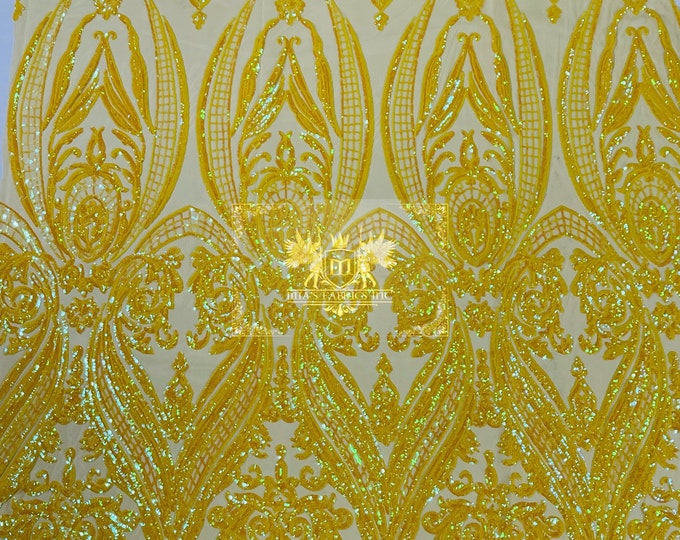 Yellow Iridescent Sequins  - 4 Way Stretch Fancy Big Damask Design Sequins on Spandex Mesh Prom Gala Gown Fabric By The Yard