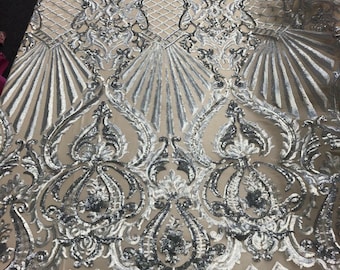 Matte Silver Sequin Lace Mesh Fabric, Nude Damask, 4-Way Stretch, Prom Gown