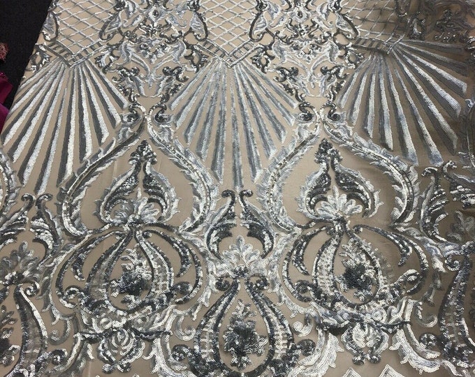 Matte Silver Sequin, Nude Mesh Damask Design - Selena Design on a 4 Way Stretch Sequin Lace Mesh - Prom Gala Gown Fabric By Yard