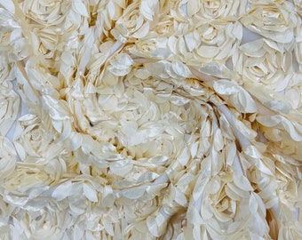 Champagne 3D Rosette Satin Fabric: Floral Wedding Decor By The Yard