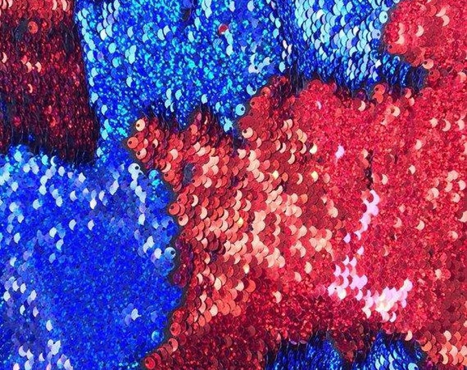 Hologram Royal/Red Flip Up Sequins Reversible, 2-Way Stretch 58/60” Sequins Fabric Dresses-Nightgowns-Prom Gown (Choose The Quantity)