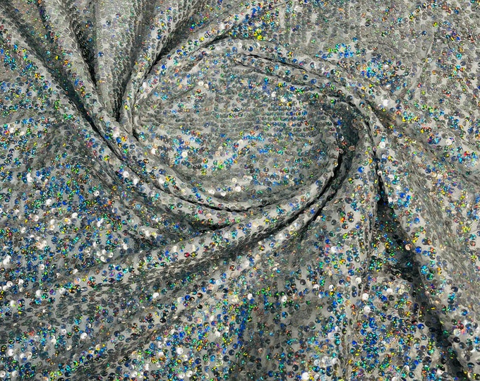 Holographic Silver Sequins Taffeta Fabric by the Yard - Embroidery Sequin On White Taffeta 58/60”For Tablecloths/Runners/Curtains