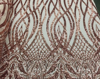 Rose Gold Sequin Lace Fabric – Embroidered Vines Design, Prom Gown Material