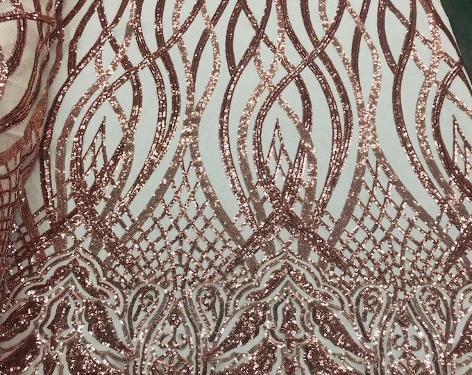 Rose Gold Sequins Lace Fabric On Mesh Vines Design Embroidered On 4way Stretch Sequin By The Yard -Prom-Gown ( Choose The Size )