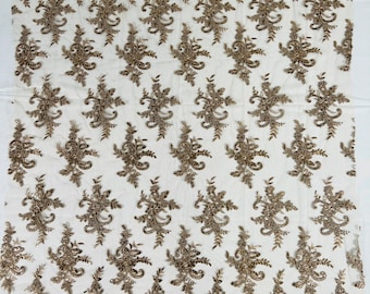 Floral Sequined Lace Fabric: Coffee Embroidery on Mesh, Bridal Wedding