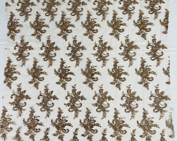 Coffee Floral Lace Fabric, by the yard Embroidery With Sequins on a Mesh Lace Fabric For Wedding-Bridal