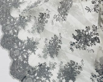 Silver Floral Embroidery Lace Fabric, Corded Wedding Gown Lace, By The Yard