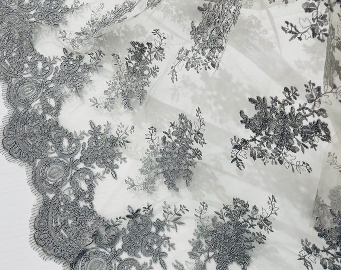 Silver Floral Lace Fabric, Embroidery on a Mesh Lace Fabric By The Yard For Gown, Corded Flower Wedding-Bridal-Dress