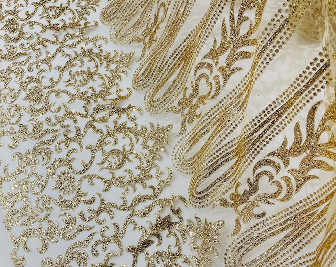 Gold Glitter Mesh Lace Fabric - Geometric Damask, Bridal, Prom by the yard
