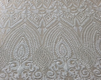 White Geometric Sequin Fabric – Nude Mesh, 4-Way Stretch, Prom Gown