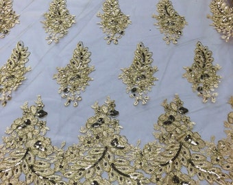 Gold Floral Sequin Embroidered Lace Fabric - By The Yard