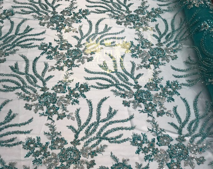 Jade Hand Beaded Lace, Embroidered Floral Design Fancy Sequins Fabric with Beads Sold in Many Colors By The Yard