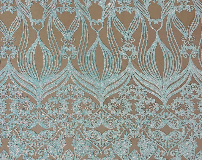 Aqua Iridescent Sequin Fabric by the yard - Damask Design on Nude Mesh 4 Way Stretch Sequins Fabric Prom-Gown