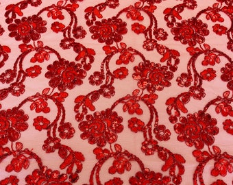 Red Flower Sequin Corded Lace, Bridal Embroidery Mesh, Scalloped Edge, Sold By The Yard