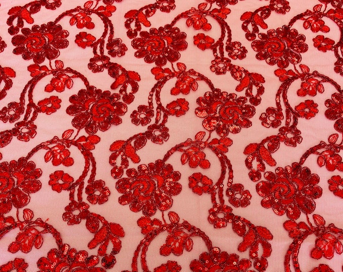 Mia Fabrics, Red Mesh Embroidery Corded Lace With Sequins, Flower Lace Sequin Sold by the yard (Pick a Size)