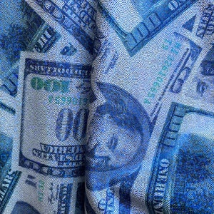 Metallic Blue Money Print Fabric: 100 Dollar Bills Stretch Spandex