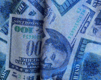 Metallic Blue Money Print Fabric: 100 Dollar Bills Stretch Spandex