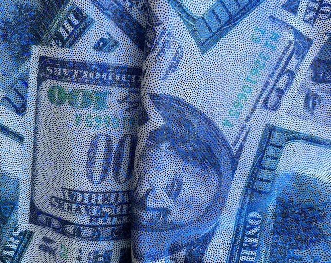 Mia's Fabrics Inc, Money Print Fabric - Metallic Blue - 100 Dollar Bills Stretch Spandex Fabric, Sold By The Yard (Pick a Size)