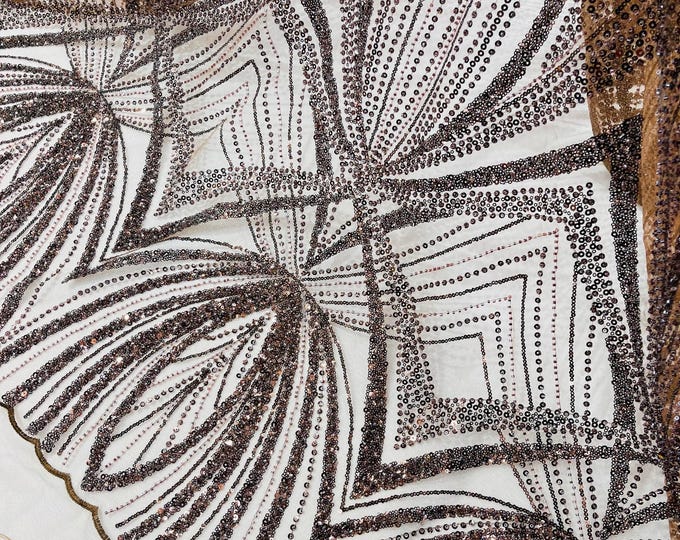 Brown Beaded Lace Fabric: Embroidered Mesh, Bridal Wedding Dress - Sold By The Yard