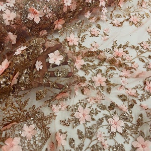 Rose Gold 3D Flower Glitter Sequin Fabric by the Yard, 3D Floral ...