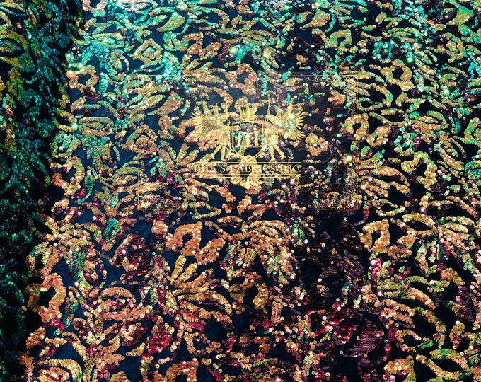 Iridescent Green/Orange Sequins Flip Two Tone, Floral Design on Black Stretch Velvet By The Yard