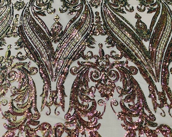Iridescent Damask Sequin Fabric – Green Purple Design on Nude Mesh
