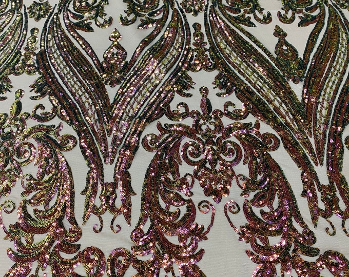 Green Purple On Nude Iridescent Sequins - 4 Way Stretch Fancy Big Damask Design Sequins on Spandex Mesh Prom Gala Gown Fabric By The Yard