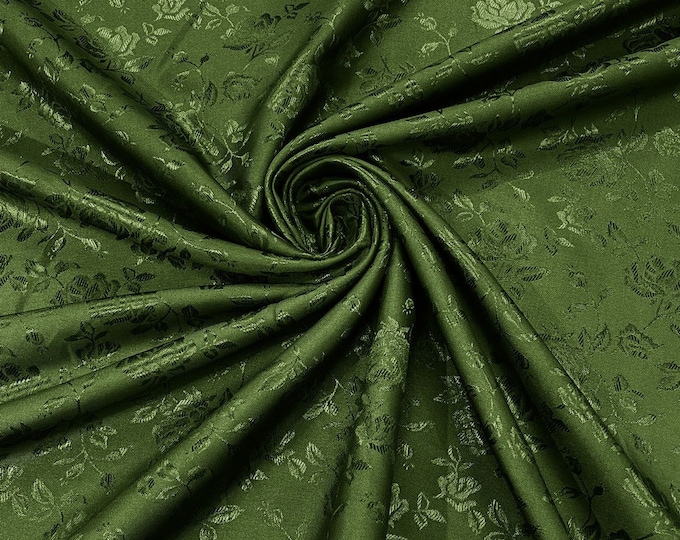 Bamboo Green Flower Brocade Jacquard Satin Fabric, Sold By The Yard Polyester Satin Floral Wide 58/60"  (Choose The Quantity)