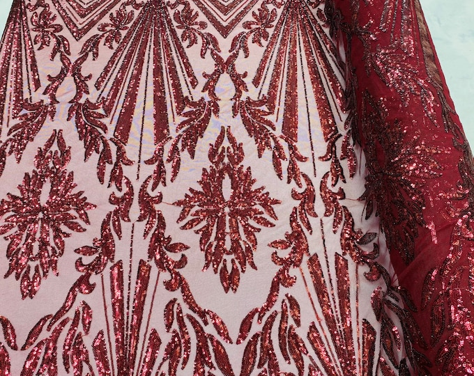 Burgundy Sequins Lace Fabric On a Mesh, Geometric Design Embroidered On 4 way Stretch Sequin By The Yard -Prom-Gown ( Choose The Size )