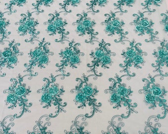 Mint Floral Lace Fabric: Embroidered Sequins Mesh, Bridal Gown Lace - By The Yard