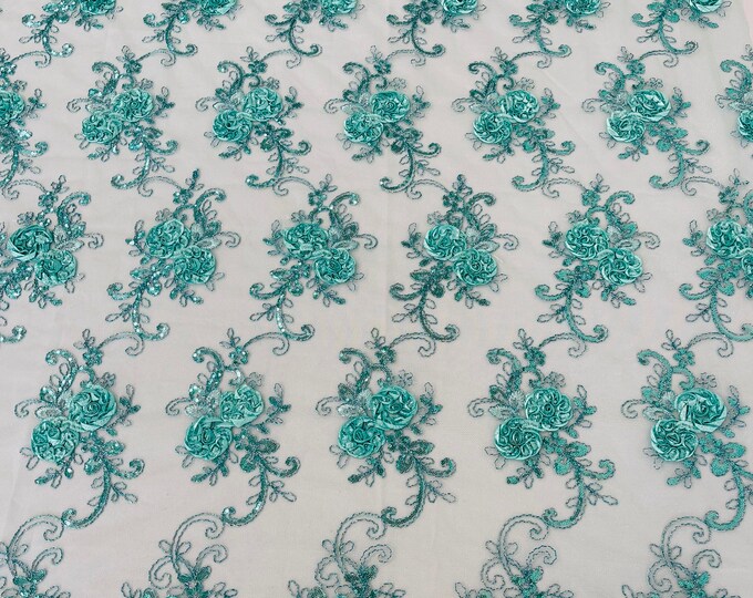 Mint Floral Lace Fabric - By The Yard - Embroidery Flower With Sequins on a Mesh Lace Fabric For Gown, Wedding-Bridal