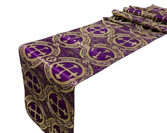 Purple Gold Cross Brocade Fabric: Religious Tablecloth Runner, Vestment Jacquard - By The Yard